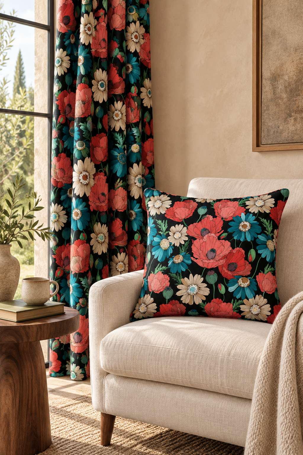 AI styling concept: ND 13665A floral curtain and cushion in a warm interior