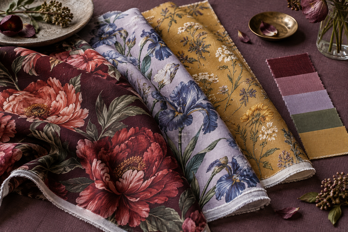 Editorial fabric inspiration: plum, iris and ochre floral textiles