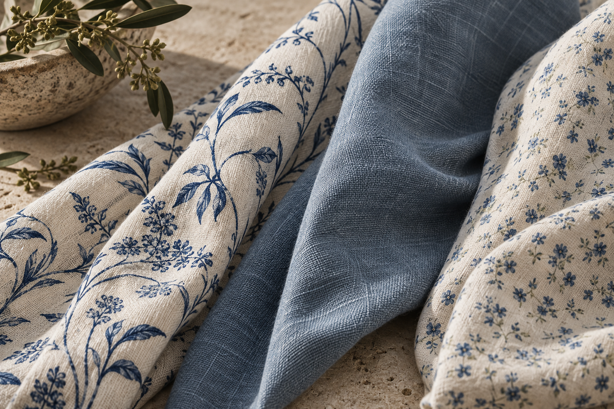 AI editorial illustration of blue botanical fabrics with different textures