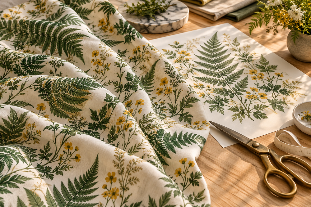 AI editorial illustration of green botanical artwork beside printed fabric