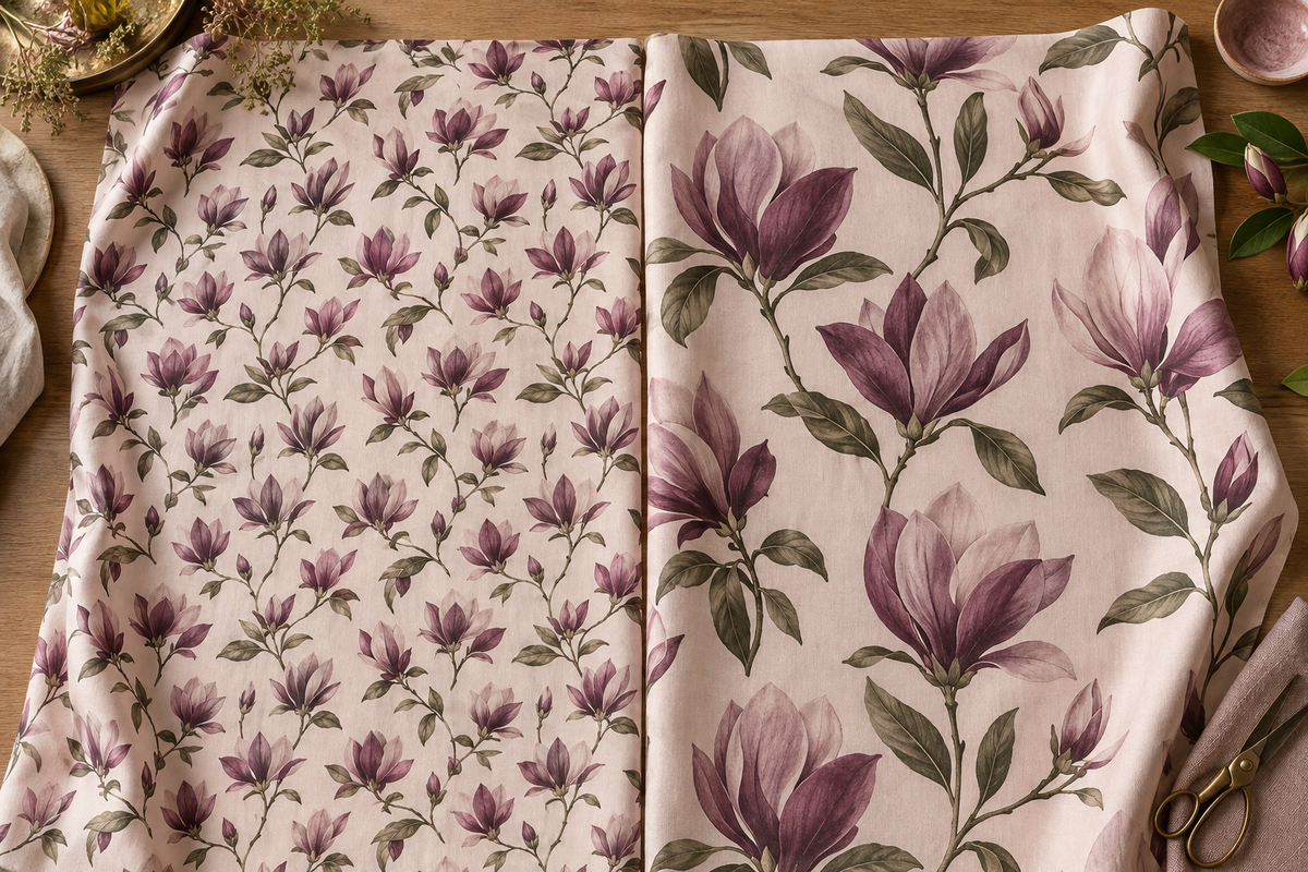 AI editorial illustration comparing small and large plum floral motifs