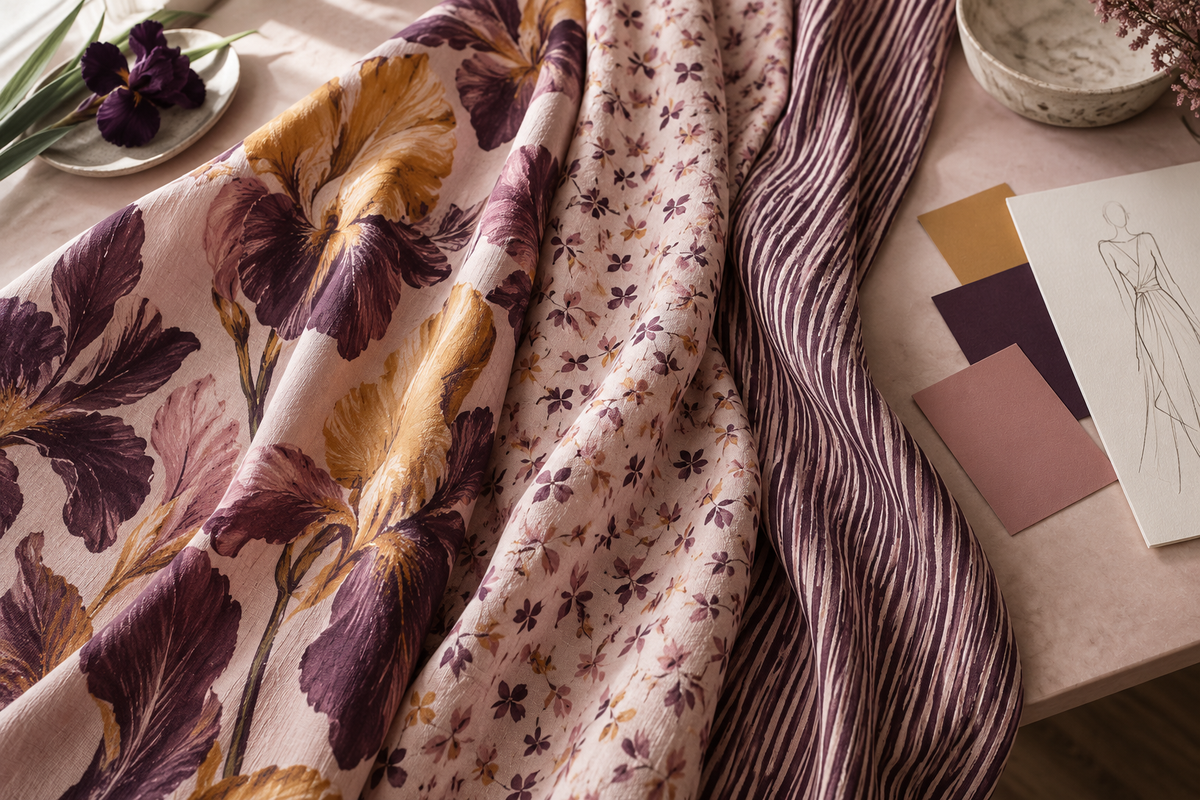 Editorial illustration: coordinated iris, petal and stripe fabrics in rose, saffron and aubergine