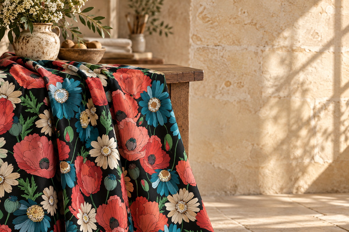 AI concept: ND 13665A floral fabric draped over an atelier table