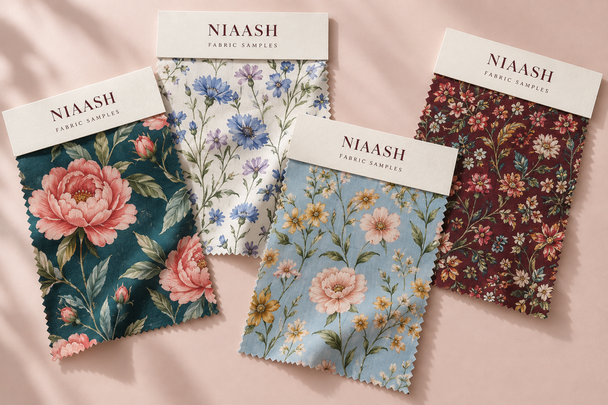 Niaash floral fabric sample cards — AI concept visualization
