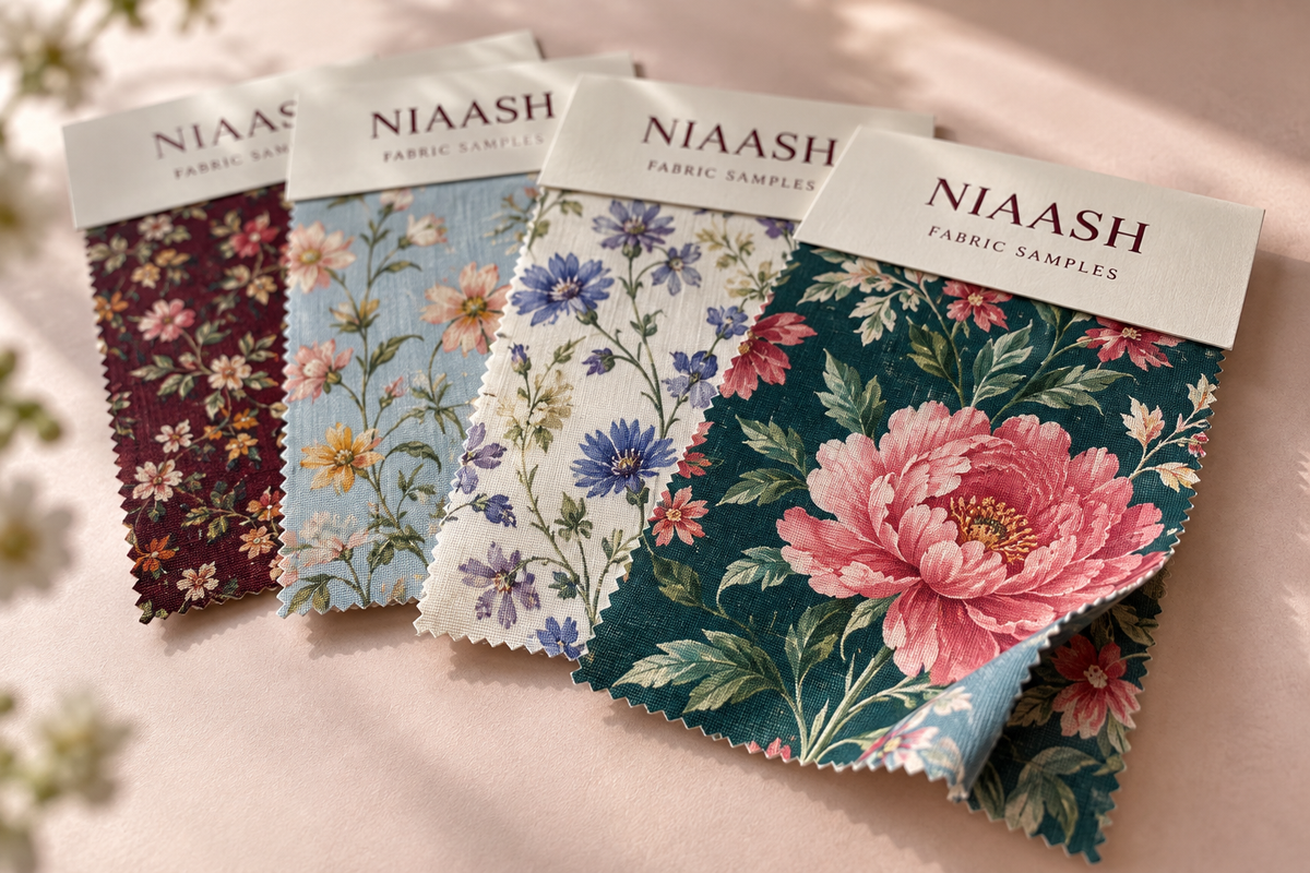 Niaash floral fabric sample cards — AI concept visualization
